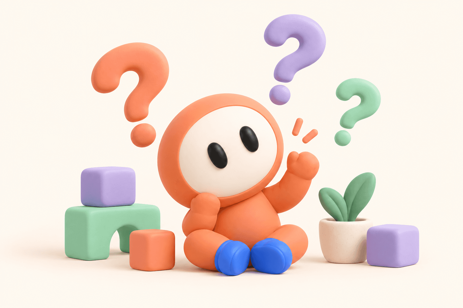 Pachilino sitting cross-legged surrounded by floating question marks
