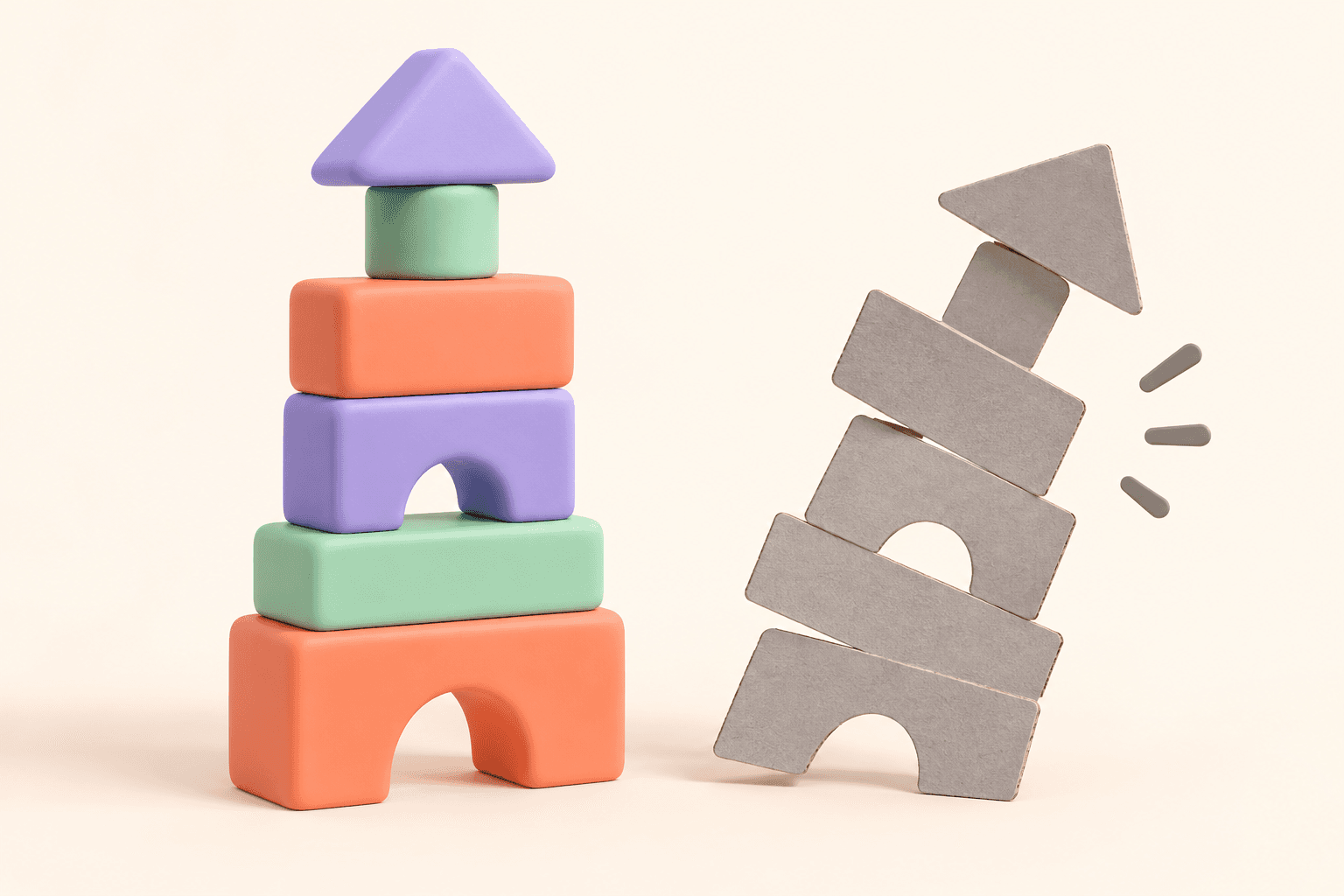 A solid clay block tower beside a flimsy cardboard one tipping over