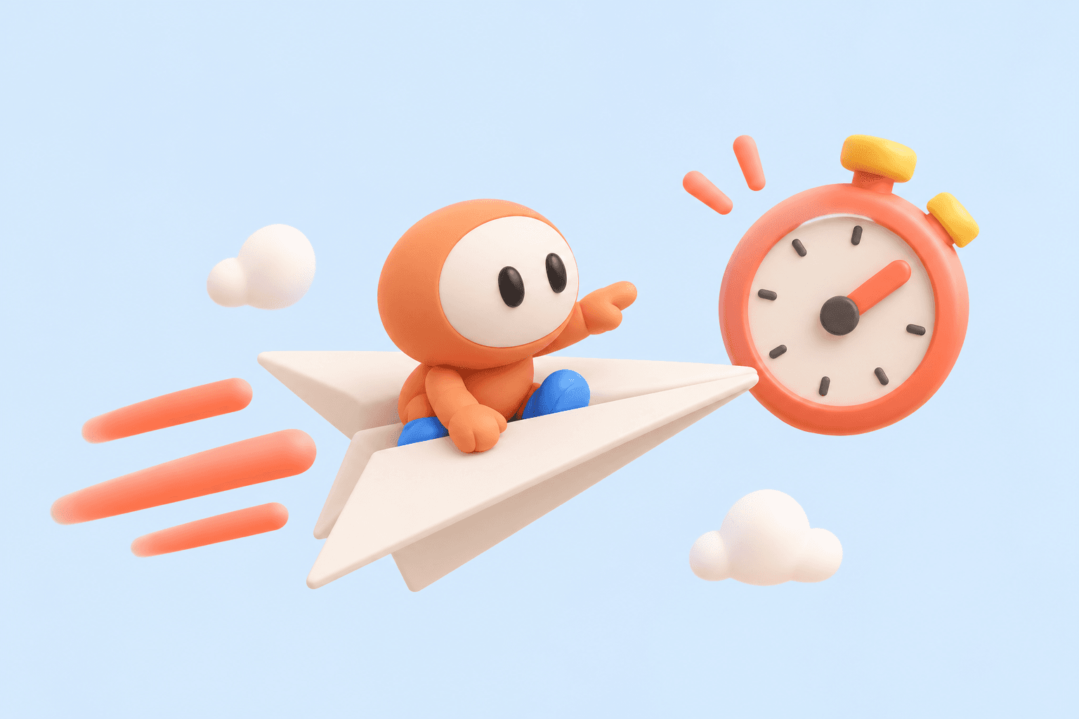 Pachilino riding a paper plane past a stopwatch
